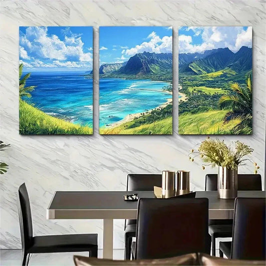 3pcs Oahu Beach & Mountain View Vibrant Blue Ocean Metal Print Ready to Hang Art