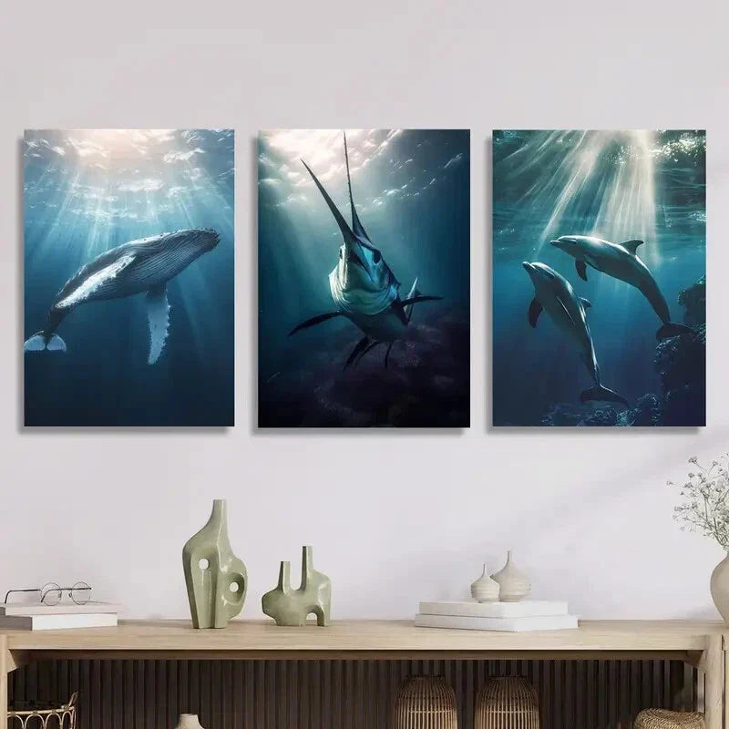 3pcs diving whale swordfish painting, Metal Print Ready to Hang Art