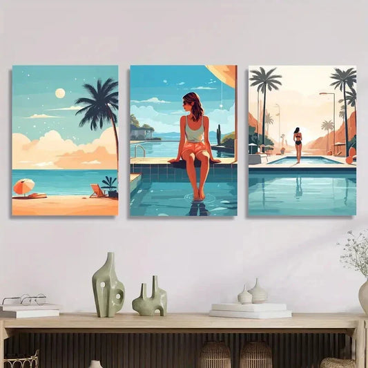 3pcs cute girl in swimming pool, summer Metal Print Ready to Hang Art