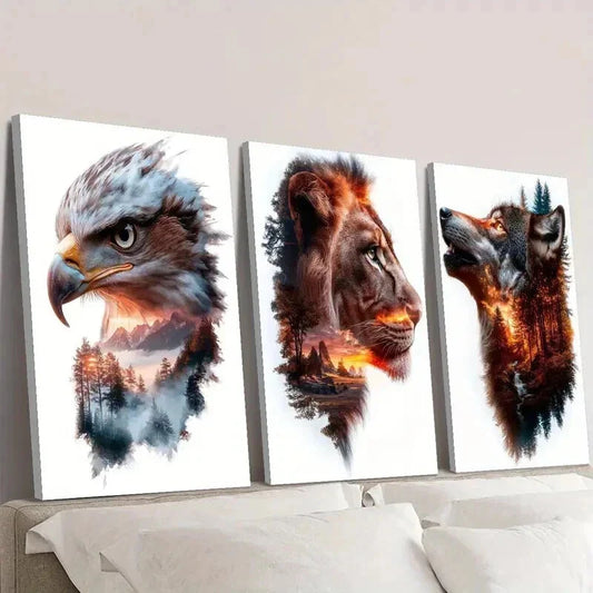 3pcs Eagle Lion Wolf Portraits and Nature Wall Art Set Canvas Framed 40x60cm - High Quality Print 100% Australian Made Wall Canvas Ready to Hang