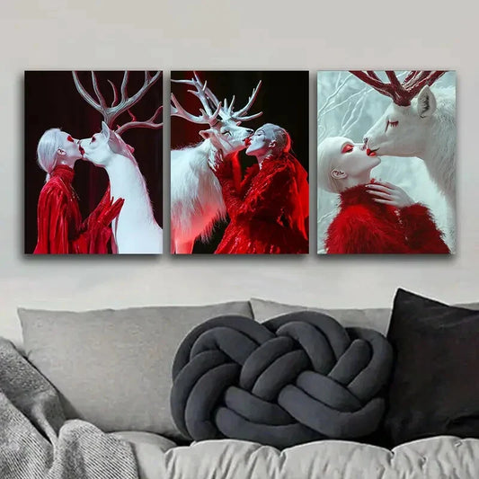 3pcs White Deer, girl Art Painting Metal Print Ready to Hang Art