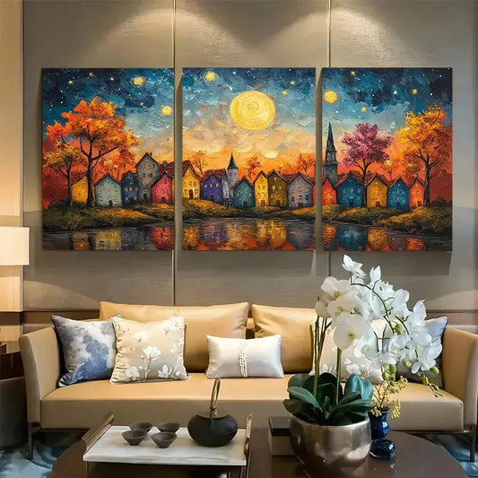 3pcs Colorful Bavarian Town Starry Night Sky Metal Print Ready to Hang Art