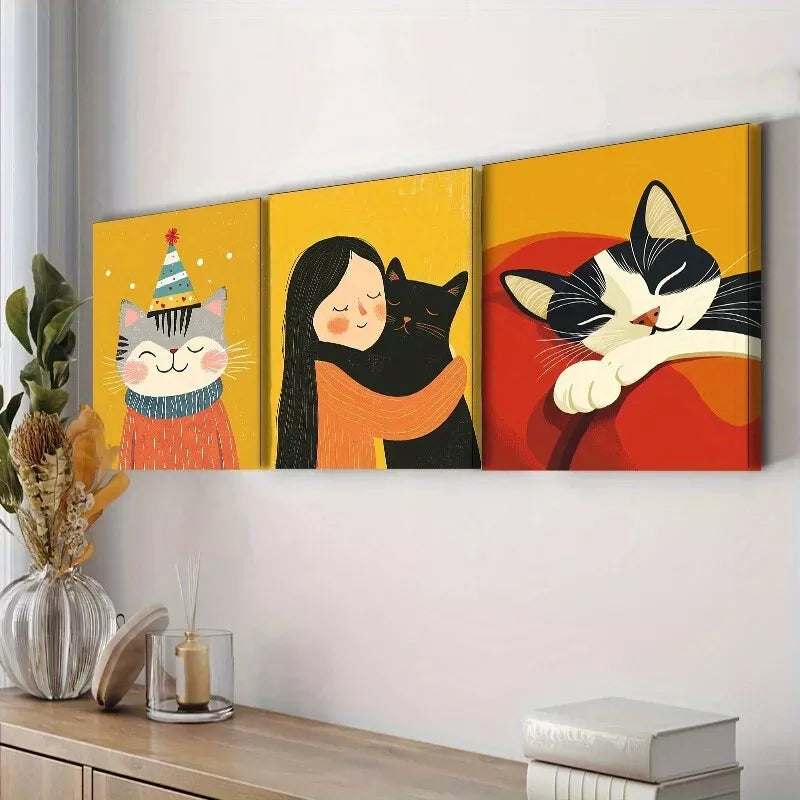 3pcs Featuring Cats In A Yellow Background Wall Art Set Canvas Framed 40x60cm - High Quality Print 100% Australian Made Wall Canvas Ready to Hang