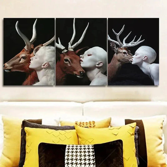 3pcs White Deer, girl Art Painting Metal Print Ready to Hang Art