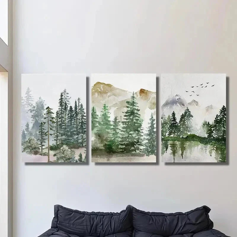 3pcs Sage green forest mountain landscape Metal Print Ready to Hang Art