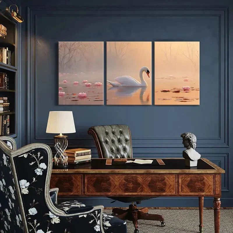 3pcs Elegant Swan Serene Lake Pink Lotus Flower Metal Print Ready to Hang Art