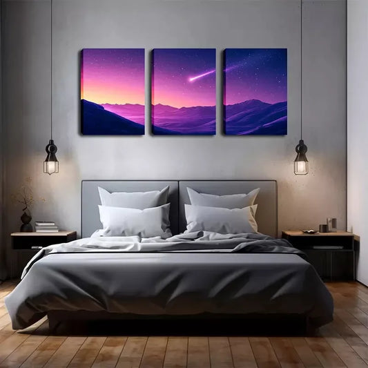 3pcs Purple Sky, Comet, Attractive Artwork Wall Art Set Canvas Framed 40x60cm - High Quality Print 100% Australian Made Wall Canvas Ready to Hang