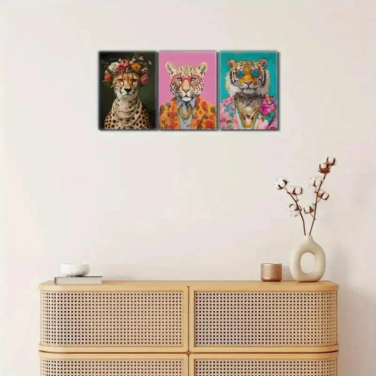 3pcs Cheetah Portrait Print Eclectic Cheetah Metal Print Ready to Hang Art