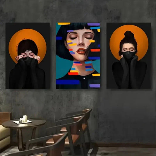 3pcs Vibrant Geometric Female Portraits Wall Art Set Canvas Framed 40x60cm - High Quality Print 100% Australian Made Wall Canvas Ready to Hang