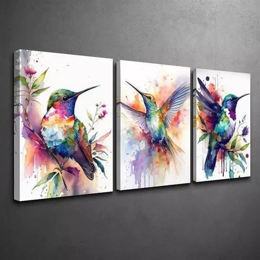 3pcs Watercolor Hummingbird & Flowers Canvas Framed 40x60cm - High Quality Print 100% Australian Made Wall Canvas Ready to Hang
