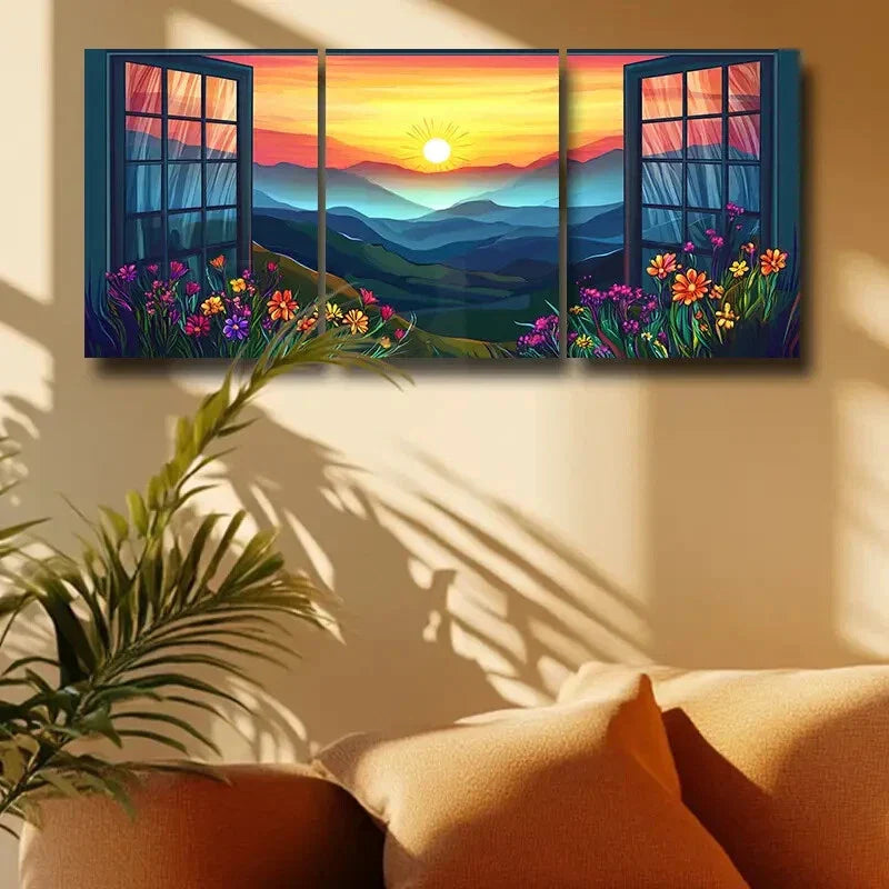 3pcs Modern Window View with Colorful Flowers Metal Print Ready to Hang Art