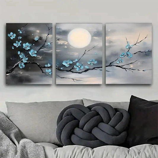 3pcs Full Moon Black And Blue Flowers Serene Metal Print Ready to Hang Art