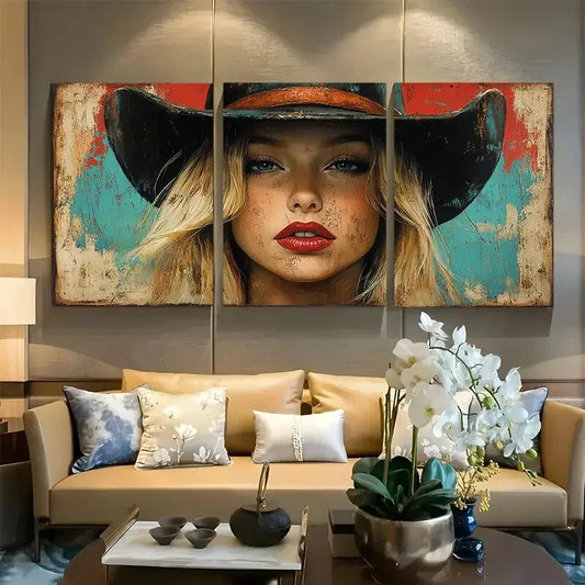 3pcs Bold Red Lips Black Hat Blonde Hair Cowgirl Metal Print Ready to Hang Art