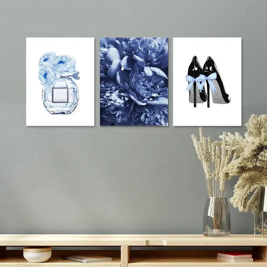 3pcs Blue Peonies, Paris Perfume Art & Light Blue Metal Print Ready to Hang Art