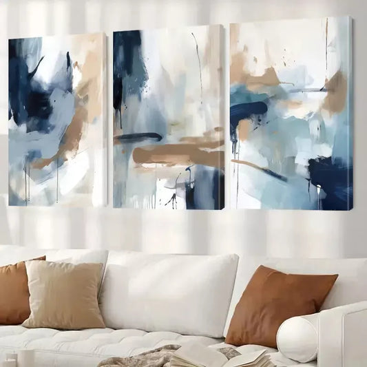 3pcs Abstract Wall Art In Shades Of Blue And Brown And White Canvas Framed 40x60cm - High Quality Print 100% Australian Made Wall Canvas Ready to Hang