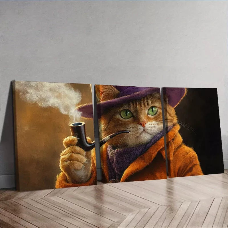 3pcs A Cat With A Pipe Smoke Orange Cat Wall Art Set Canvas Framed 40x60cm - High Quality Print 100% Australian Made Wall Canvas Ready to Hang