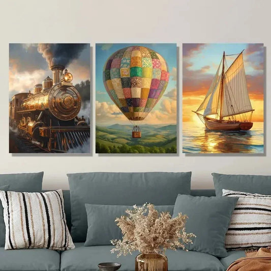 3pcs Steam Train, Hot Air Balloon, Sailboat Art Metal Print Ready to Hang Art