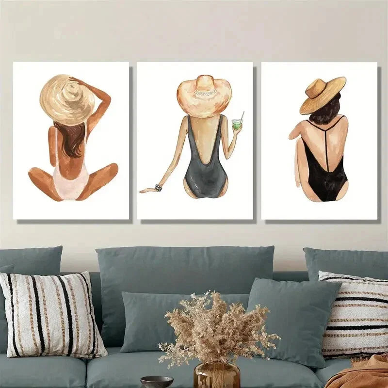 3pcs boho girl, gouache, beach girl Metal Print Ready to Hang Art