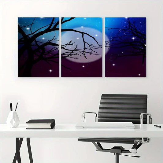 3pcs Halloween Themed Spooky Tree and Moon Design Metal Print Ready to Hang Art
