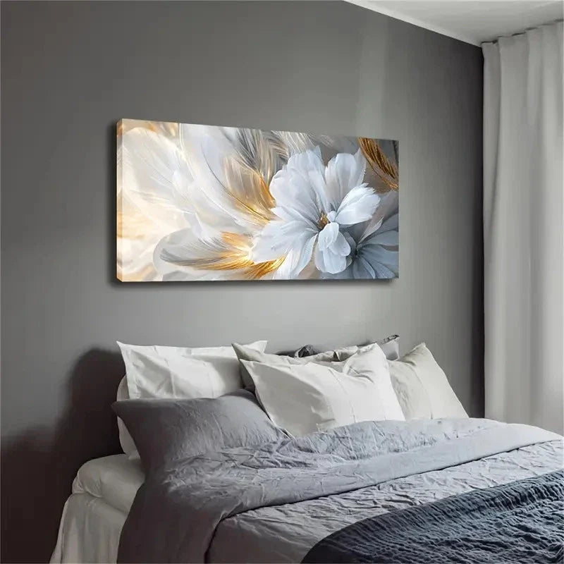 Golden Luster White Flower Wall Art Canvas Office Home Room Framed 120x60cm