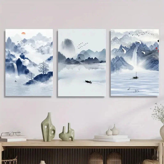3pcs Sky Blue Ink Painting, Landscape Art, Boat, Metal Print Ready to Hang Art