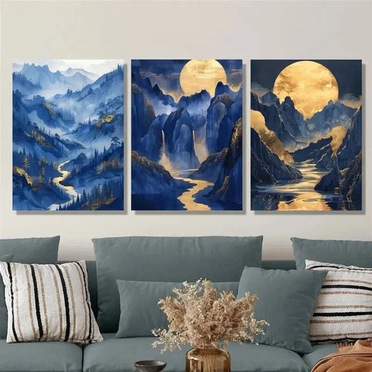 3pcs The bright moon, gilded mountains Metal Print Ready to Hang Art