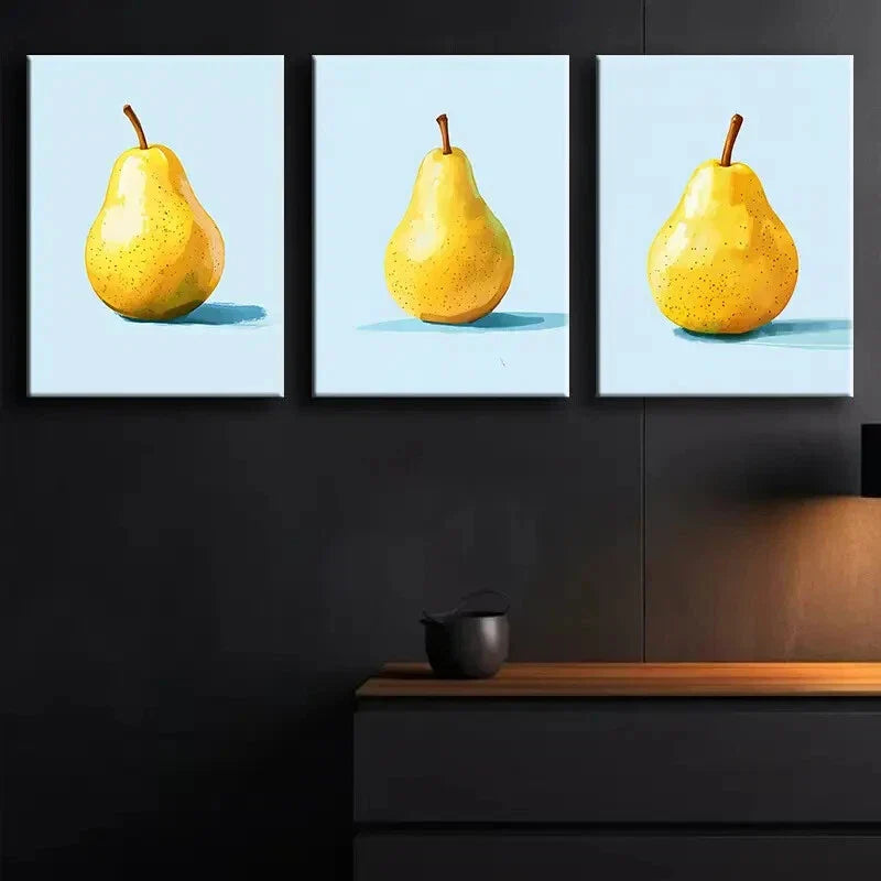 3pcs Vibrant Yellow Pear Design on Blue Background Metal Print Ready to Hang Art
