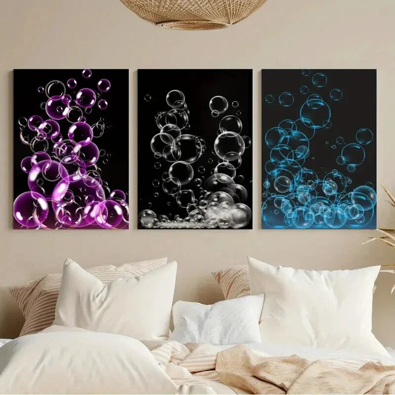 3pcs Black & White Bubbles Pink Blue Metal Print Ready to Hang Art