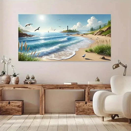 Palm Trees Seagulls & Ocean Wall Art Canvas Office Home Room Framed 120x60cm