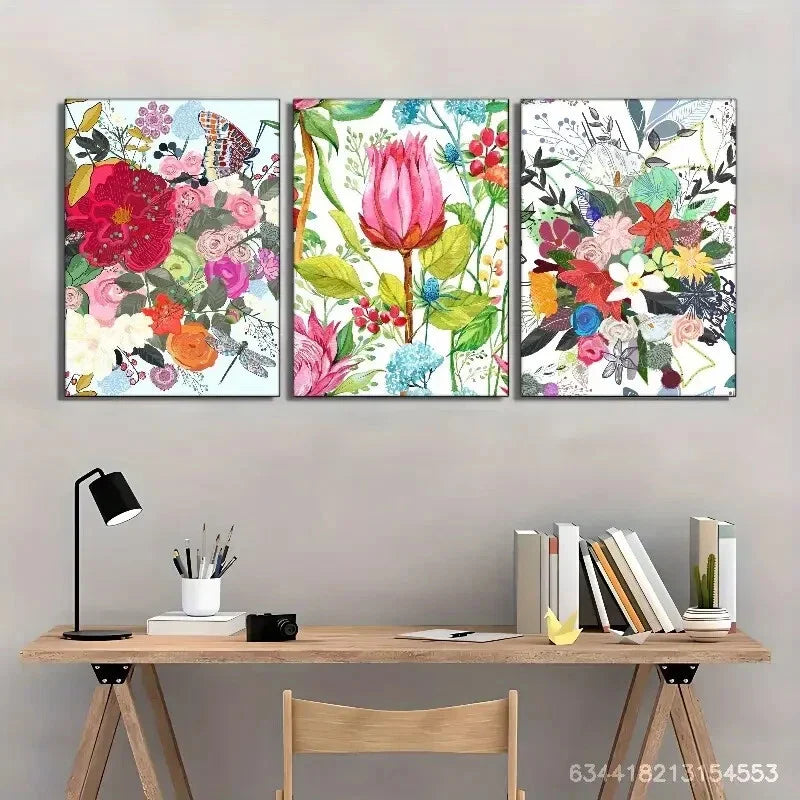 3pcs Vibrant Floral and Butterfly Pop Art Metal Print Ready to Hang Art