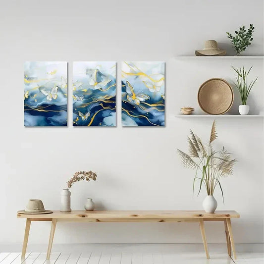 3pcs White and Gold Butterflies on Blue and White Metal Print Ready to Hang Art