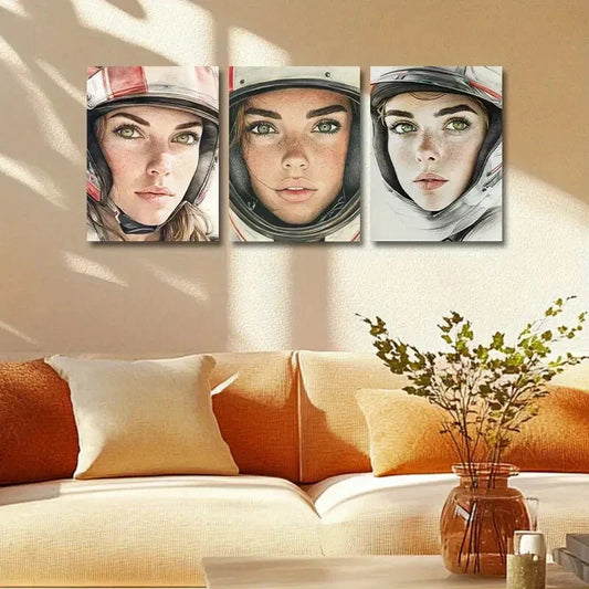 3pcs The Woman in the Helmet Design Metal Print Ready to Hang Art