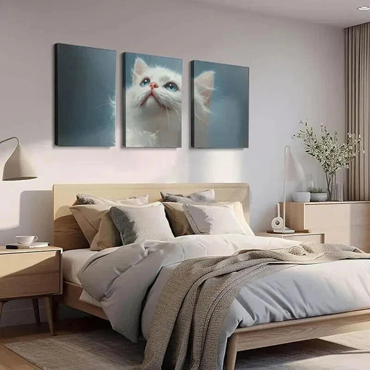 3pcs White Persian Fluffy Feline with Blue Eyes Wall Art Set Canvas Framed 40x60cm - High Quality Print 100% Australian Made Wall Canvas Ready to Hang