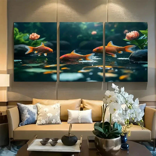 3pcs Koi Fish Swimming in a Pond Metal Print Ready to Hang Art