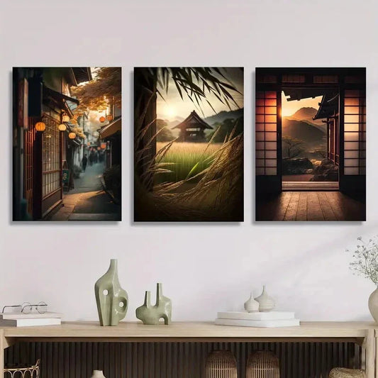 3pcs Japanese Classical Architecture Metal Print Ready to Hang Art