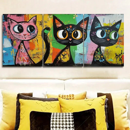3pcs Colorful cats with big eyes Wall Art Set Canvas Framed 40x60cm - High Quality Print 100% Australian Made Wall Canvas Ready to Hang