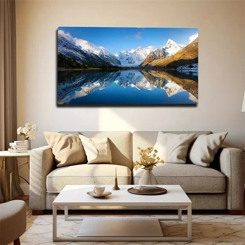 Snowy Mountain Reflection Wall Art Canvas Office Home Room Framed 80x45cm