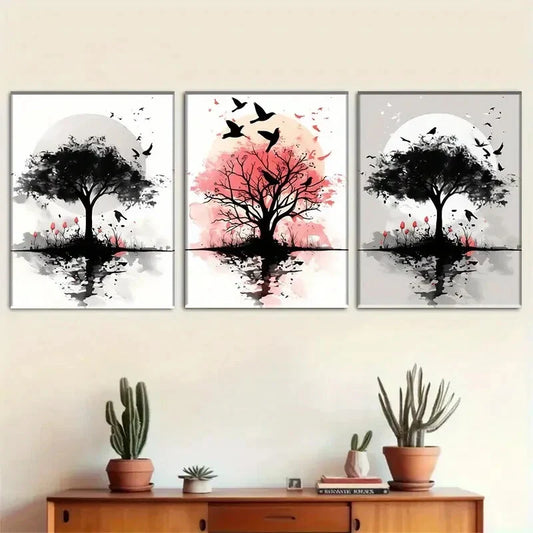 3pcs Black And White Tree Art with Pink Accents Metal Print Ready to Hang Art