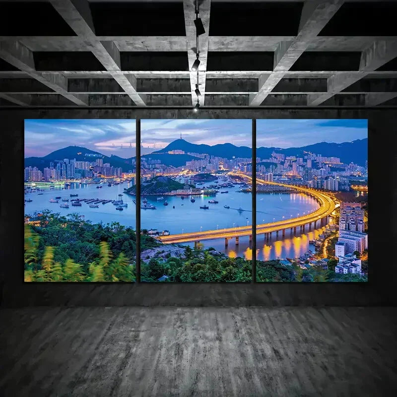 3pcs City Skyline Night View Urban Metal Print Ready to Hang Art