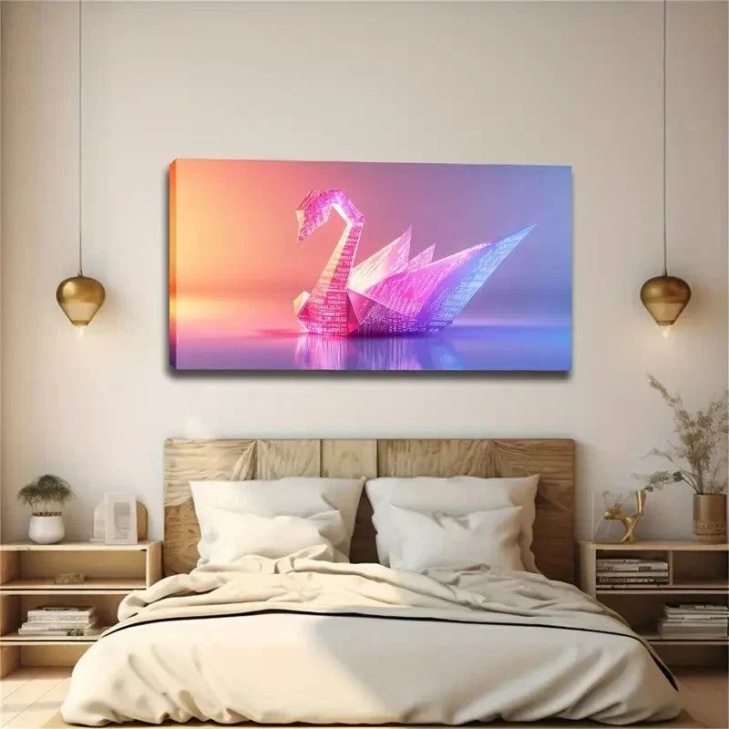 Origami Swan Composed Codes Wall Art Canvas Office Home Room Framed 120x60cm