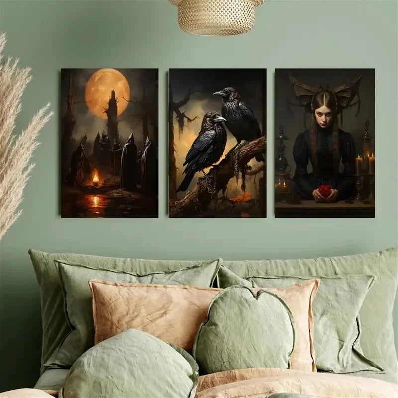 3pcs Raven Gothic frescoes Metal Print Ready to Hang Art