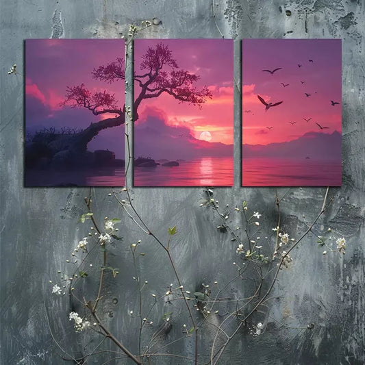 3pcs Cherry Blossoms By A Lake Canvas Framed 40x60cm - High Quality Print 100% Australian Made Wall Canvas Ready to Hang