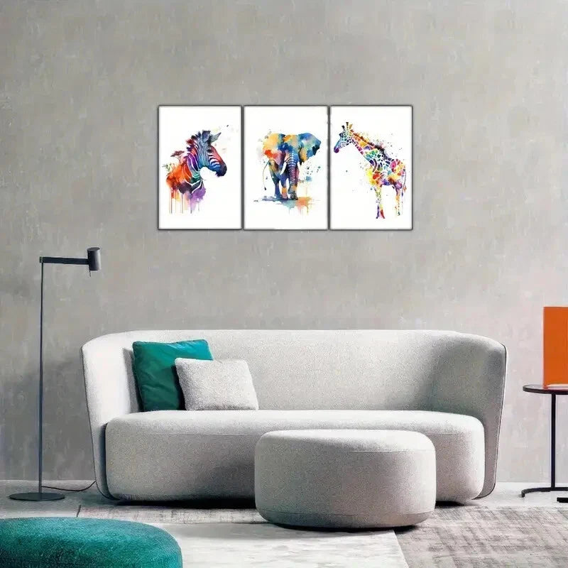 3pcs Artistic Elephant Giraffe Zebra Zoo Metal Print Ready to Hang Art