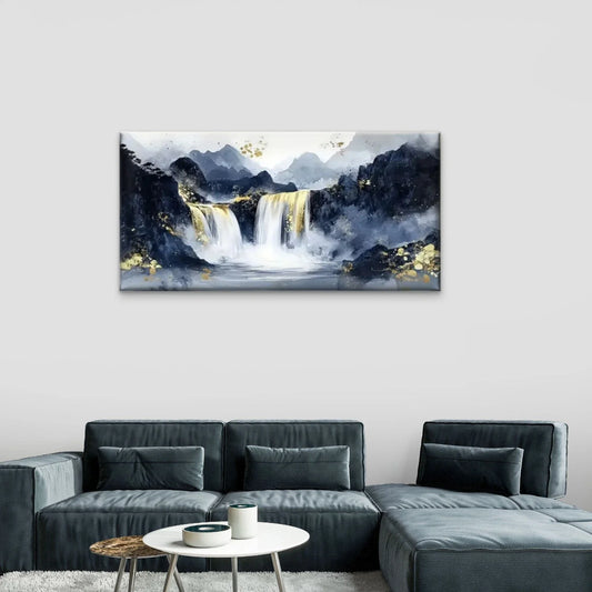 Waterfall Yellow Leaves Dark Wall Art Canvas Office Home Room Framed 80x45cm