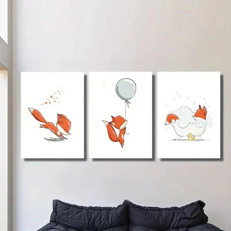 3pcs Vibrant Cartoon Foxes in Playful Scenes Wall Art Set Canvas Framed 40x60cm - High Quality Print 100% Australian Made Wall Canvas Ready to Hang