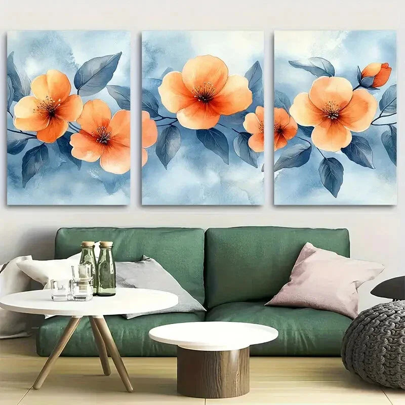 3pcs Soft Peach Floral with Green Leaves Metal Print Ready to Hang Art