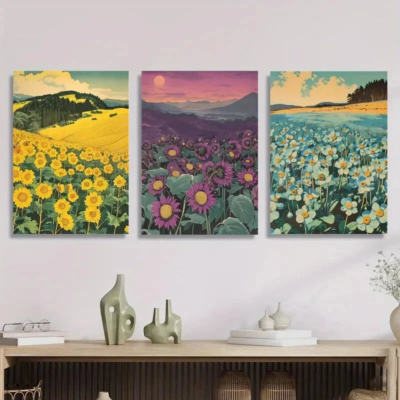 3pcs Yellow, Purple, Blue Flower Fields Metal Print Ready to Hang Art