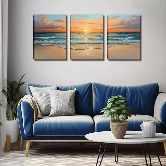 3pcs Serene Beach Scene Waves, and Golden Sunset Wall Art Set Canvas Framed 40x60cm - High Quality Print 100% Australian Made Wall Canvas Ready to Hang