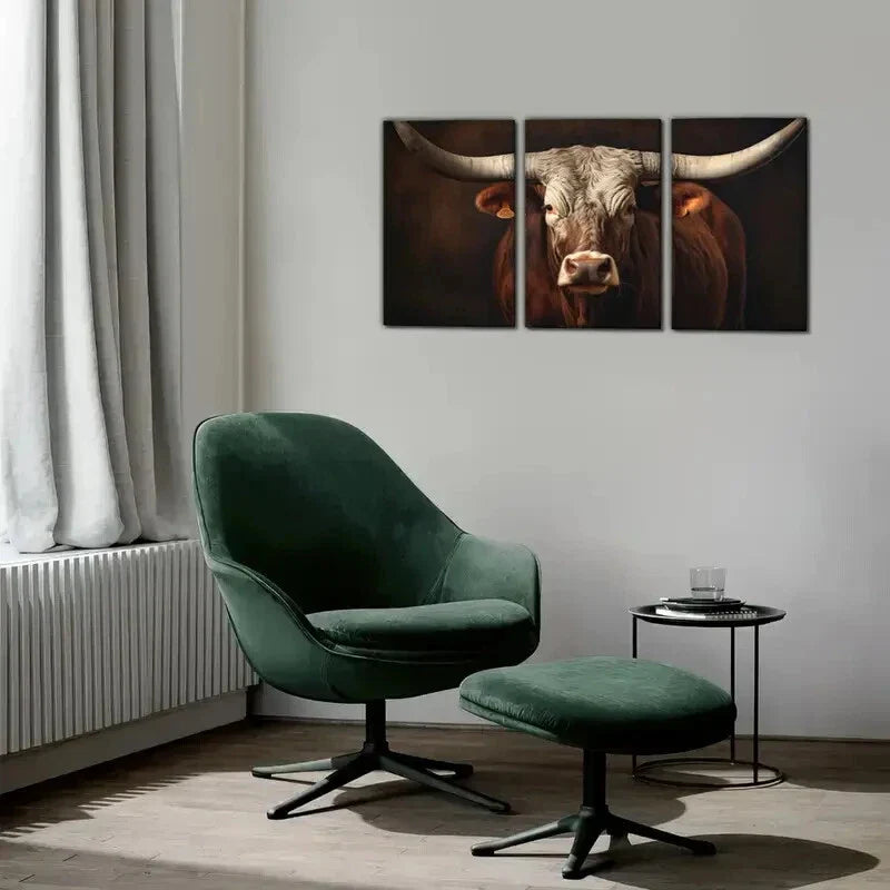 3pcs Texas Longhorn Cattle In A Portrait Style Metal Print Ready to Hang Art