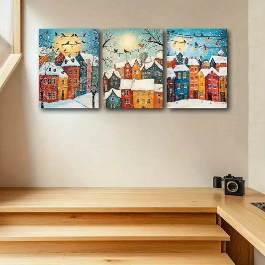 3pcs Vibrant Winter Wonderland with Snow-Covered Metal Print Ready to Hang Art
